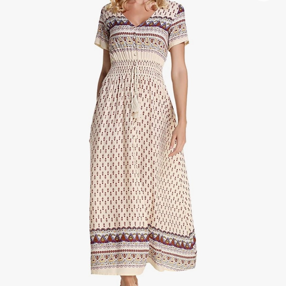 ARANEE Women's Button Up Split Floral Print Long Maxi Boho Bohemian Dress